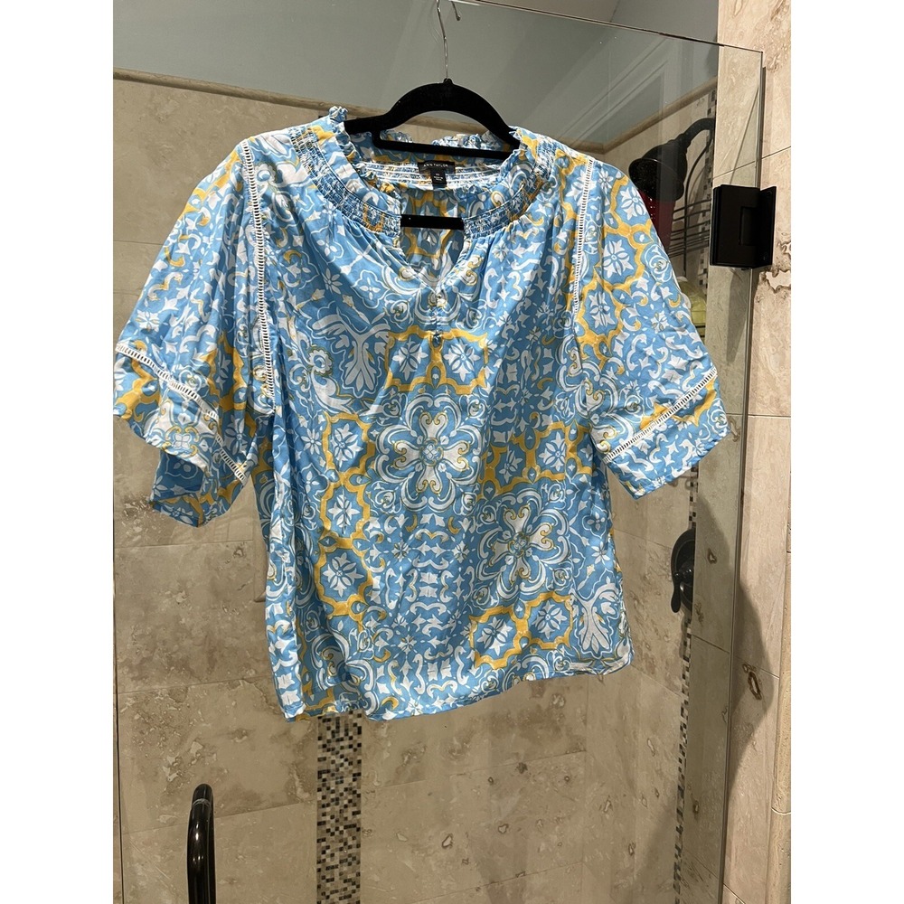 Ann Taylor XS Women Floral Blouse Blue Yellow Bell Sleeve Crochet Trim Top